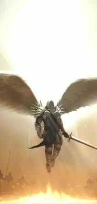 This phone live wallpaper features a man with angel wings and a sword in hand, soaring through the air, with astonishing detail and complexity