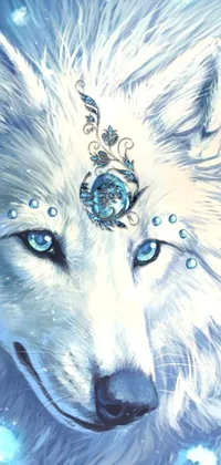 Experience the magic with this stunning phone live wallpaper featuring a painting of a magnificent white wolf with piercing blue eyes