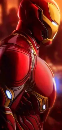 This live wallpaper showcases a person in a red and gold suit standing tall with a serious expression