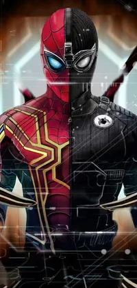 This live phone wallpaper showcases a person in a Spider-Man costume wielding baseball bats while donning black and red armor - perfect for fans of Avengers Endgame