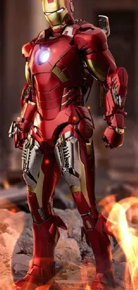 This dynamic phone live wallpaper is sure to impress! Featuring a stunning Iron Man statue, this red-suit superhero comes to life in a full-body photograph that's perfect for Marvel fans