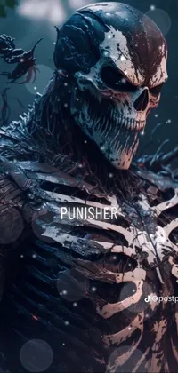 This phone live wallpaper depicts a striking close-up shot of a person wearing a skeleton mask, set against a sunflower and musical notes background