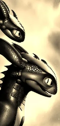 This phone live wallpaper showcases two highly detailed dragon heads in black and white