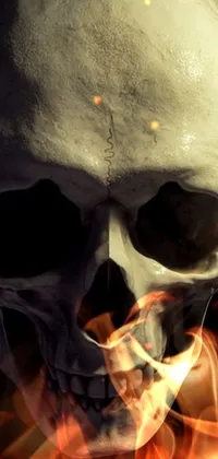 This phone live wallpaper features a close-up of a highly-detailed human skull with crooked teeth, deep eye sockets, and extremely pale white skin against a black background