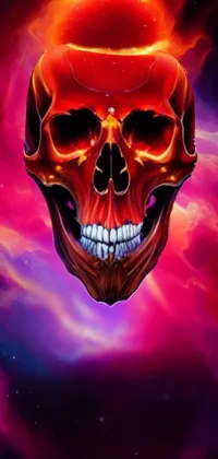 This digital art phone live wallpaper features a colorful illustration of a skull with a halo on its head, set against a space background