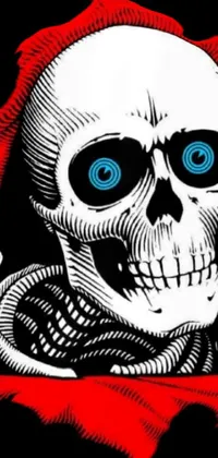 This live wallpaper features a detailed illustration of a menacing skeleton with glowing blue eyes, adorned in a heavy metal t-shirt, against a red and black background