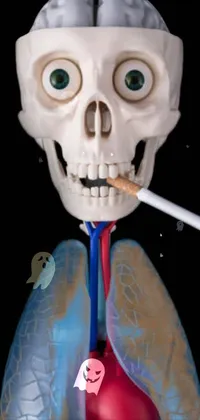 This phone live wallpaper features a unique and striking surrealist sculpture of a human skull with a cigarette hanging from its lips