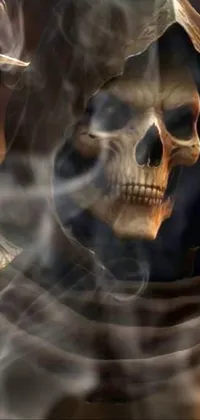 This captivating phone live wallpaper features a mystical skeleton with a scythe standing in a dark room