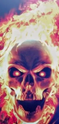 This live wallpaper features a close-up view of a fiery skull with intricate, airbrush-like details