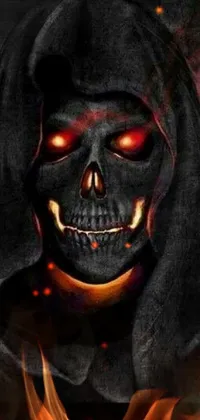This phone live wallpaper portrays an exquisite airbrush painting of a glowing-eyed skeleton set against a dark, gothic background