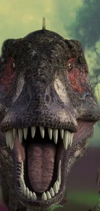 This phone live wallpaper showcases a stunningly detailed close-up of a dinosaur set against a lush forest backdrop