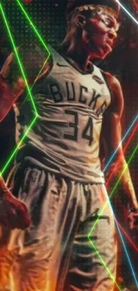 This phone live wallpaper features a stunning depiction of a basketball player captured in high detail by an Android Jones image