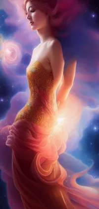 This mesmerizing live wallpaper features a beautiful figure in a long dress standing in outer space surrounded by a cosmic nebula