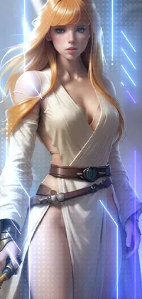This phone wallpaper features a strikingly attractive woman in a long white dress holding a glowing light saber