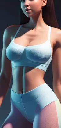 Looking for an invigorating live wallpaper for your phone? Check out this 3D render featuring a woman in fitness gear, clad in a tight, neon accented outfit, a white bra, and striking a confident pose with her phone