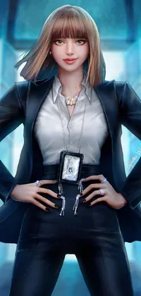 This phone live wallpaper features a confident security agent standing in a dark tech-inspired background
