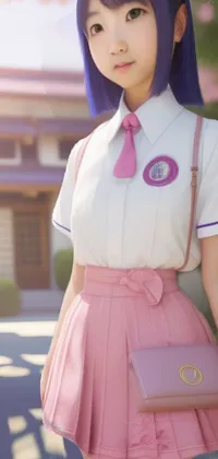 This mobile wallpaper features a 3D rendering of a woman in a pink skirt holding a matching purse, dressed in a blue school uniform