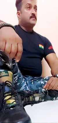 This live wallpaper showcases a provocative image of a man in a military camouflage uniform sitting on the floor