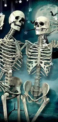 This live wallpaper features two skeletons embracing each other in a dark and eerie background with a dimly lit moon
