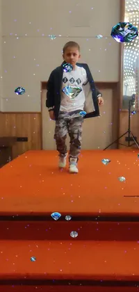 This phone live wallpaper depicts a stunning hologram of a young boy on a stage amidst floating crystals