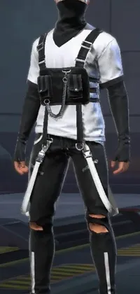 This modded phone live wallpaper showcases a man in a white shirt and black pants wearing mechanic punk outfit, complete with harnesses and armor-inspired accessories on his arms and legs