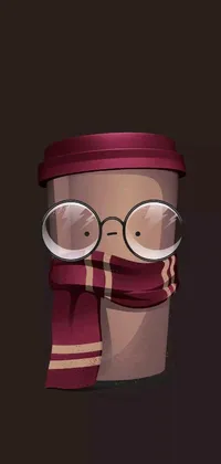 This Phone Live Wallpaper displays a delightful illustration of a coffee cup with glasses and scarf, inspired by the magical world of Harry Potter