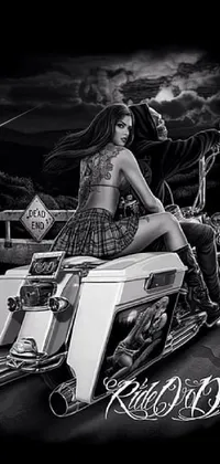 This live wallpaper features a striking black and white photo of a woman riding a customized Harley-Davidson motorcycle