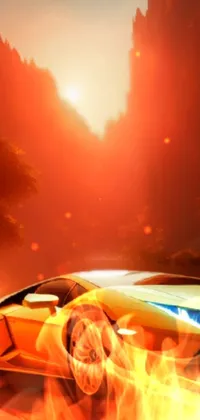 This phone live wallpaper features a yellow sports car and canyon scene