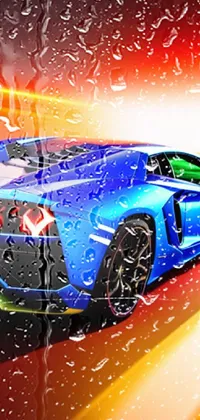 This phone live wallpaper features a vector art style with a blue sports car driving down a road