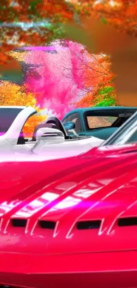 This live phone wallpaper features a red sports car parked by the side of the road, painted in an impressive airbrushing style