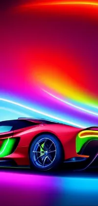 This live wallpaper features a sleek red sports car racing down a city street, with neon lights in the background creating a futuristic atmosphere