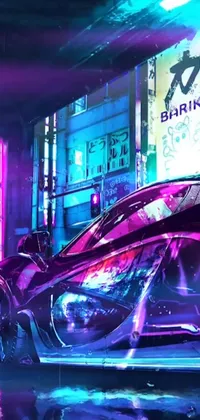 This phone live wallpaper captures the essence of cyberpunk art with a purple sports car as the main focus