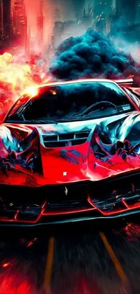 This galvanizing phone wallpaper features a crimson sports car with flames dynamically emanating from its engine atop an intricate Cyberpunk back-drop