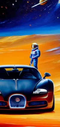 This phone live wallpaper depicts an airbrush painting of a confident man standing on a car against a backdrop of a space art-inspired scene that includes a Bugatti car as well as science fiction elements