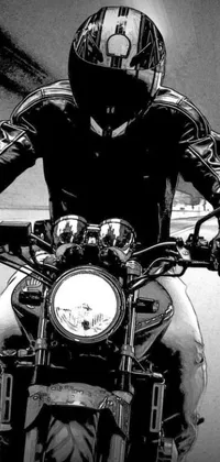 This digital art phone live wallpaper depicts a thrilling black and white manga panel of a man riding on the back of a cafe racer motorcycle down a winding road