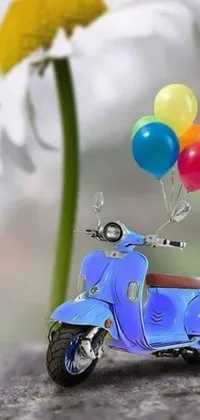 This phone live wallpaper showcases a stunning airbrush painting of a scooter adorned with colorful balloons, creating a cheerful and playful atmosphere