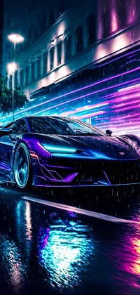 This live wallpaper features a sleek, purple and black sports car driving through a futuristic cityscape, with vibrant neon lighting and rainfall