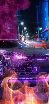 This stunning live wallpaper features a purple Nissan GTR R 3 4 driving down a futuristic city street at night