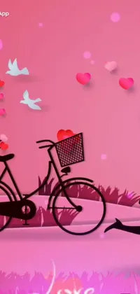 Get mesmerized by this beautiful phone live wallpaper, featuring a romantic couple kissing in front of a bicycle, set against a delightful pink background