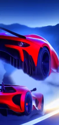 Get ready to rev your engines with this sleek and dynamic live phone wallpaper! Featuring a red and black sports car tearing down a neon fog-shrouded mountain pass, this concept art creation is crafted entirely from gradients, with a bold and aggressive design inspired by modern sports car aesthetics