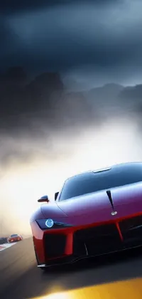 This live wallpaper for your phone features a vibrant red sports car racing through a scenic canyon