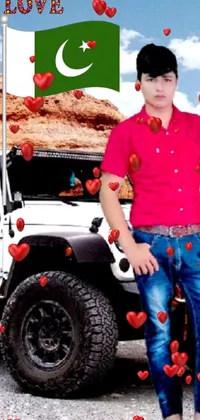 This vibrant phone wallpaper depicts a confident man standing in front of a white Jeep
