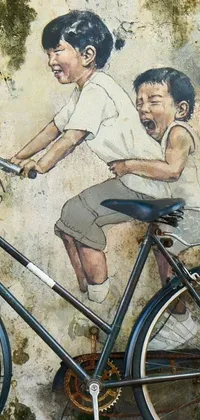 "Vibrant street art live phone wallpaper of two kids riding a bicycle