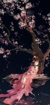 Introducing a mesmerizing phone live wallpaper featuring a stunning artwork of a serene woman sitting atop a tree next to a water body