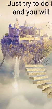 Bring a touch of magic to your phone display with this stunning live wallpaper featuring a mesmerizing stairway leading up to a majestic castle in the sky