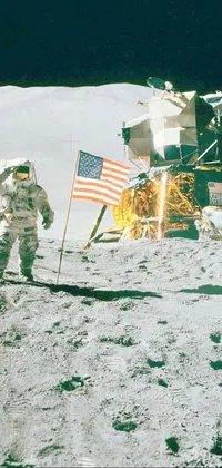 This space-themed live wallpaper features an astronaut saluting next to an American flag on the moon
