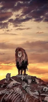 This phone live wallpaper features a stunning representation of a lion as the king of the animal kingdom, proudly standing atop a pile of bones