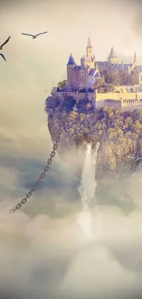 Experience the wonders of a mystical world with this live phone wallpaper which boasts an enchanting castle perched on a cliff, surrounded by clouds
