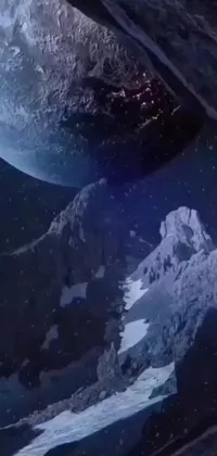 This phone live wallpaper features a stunning close-up view of a distant planet, with dark rugged mountains stretching upward into a vivid blue and purple sky