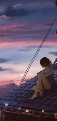 This phone live wallpaper captures a peaceful rooftop scene from an anime-style movie